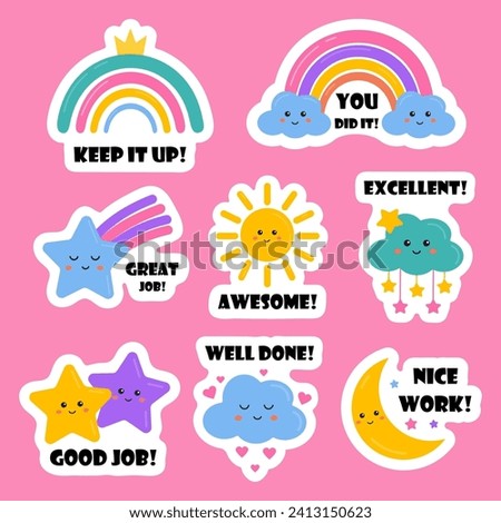 Job and great job stickers with cute rainbows, stars for kids. Stickers for teacher, students school to reward, motivate, encourage for learning, study, home tasks. Reward stickers, success, congrats.