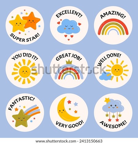 Good job and great job stickers with rainbows, stars, clouds for children. Success, congrats, excellent work labels. School reward, educational, encouragement sign, stamp. Awesome homework, well done.