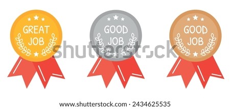 Great job, good job medals, awards, budges. Champions awards, prize, gold, silver, bronze medal for competitions. Medal label. Reward, praise, encouragement for business, management office, school.