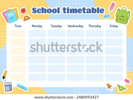 School timetable for kids, educational schedule, weekly planner, printable school schedule for children. School children routine timetable. Education, class, lessons plan. Back to school planner.