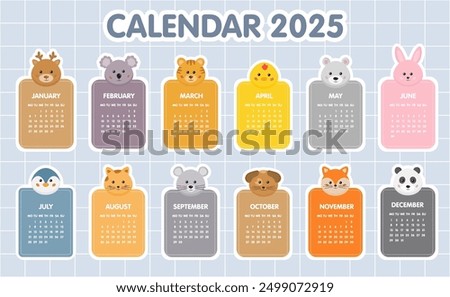 Calendar 2025 template. Monthly calendar 2025 for kids with cute animals,12 Month vertical template. Starts on Monday. A modern calendar for nursery, kids play zone, organizer, planner.