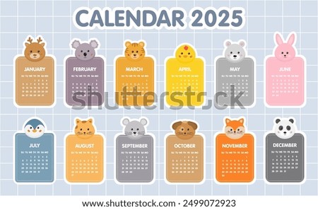 Calendar 2025 template. Monthly calendar 2025 for kids with cute animals,12 Month vertical template. Starts on Sunday. A modern calendar for nursery, kids play zone, organizer, planner.