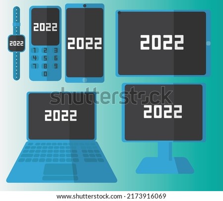 Vector illustration of digital devices of watches, laptops, phones, computers and tablets.