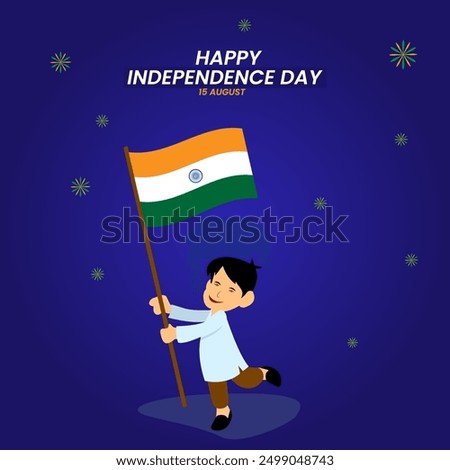 The text 15th AUGUST and HAPPY INDIA INDEPENDENCE DAY above the flag The Indian flag in the center being held by a running child A light blue background with light green flowers