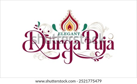 Elegant Durga Puja text in maroon calligraphic font with decorative flourishes a teardrop flame design above it and ELEGANT written in a smaller sans-serif font The background is white