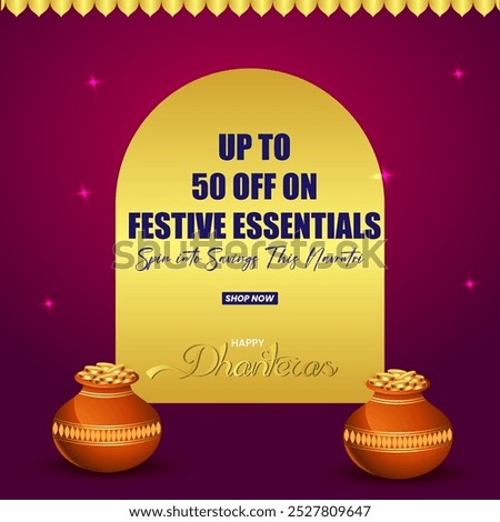  A deep purple background, golden arched frame with UP TO 50 OFF ON FESTIVE ESSENTIALS Spin into Savings This Navratri and two clay pots overflowing with gold coins for Dhanteras