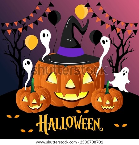 The image is a festive Halloween scene It shows a jack o lantern with a witch is hat smaller pumpkins ghosts balloons and bunting The word Halloween is written in a spooky font