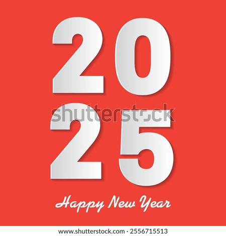 The image shows the year 2025 written in large white paper like numbers against a bright red background The text Happy New Year is written below the numbers in a smaller white font