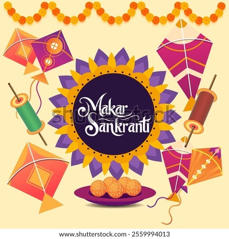 Kites of various shapes fill the sky symbolizing joy Makar Sankranti is written in a festive font Thread reels sweets and marigold garlands enhance the celebratory mood