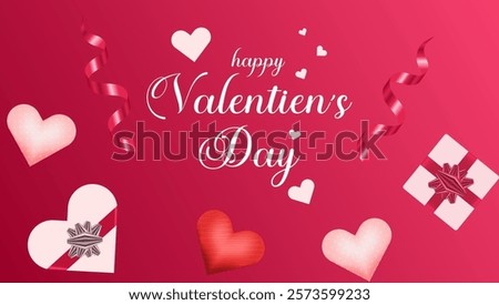 Hearts Various red and pink hearts scattered symbolizing love
Happy Valentine's Day Festive text celebrating the occasion
Gifts Two gift boxes with bows Ribbons Flowing red ribbons adding 