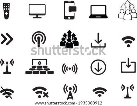 symbols, tags and logos related to multimedia and remote contact. Vector graphics for websites, self-development, remote work.