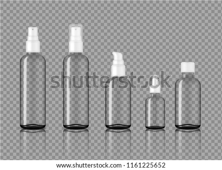 Mock up Realistic Glossy Transparent Glass Cosmetic Soap, Shampoo, Cream, Oil Dropper and Spray Bottles Set With White Cap for Skincare Product Background Illustration