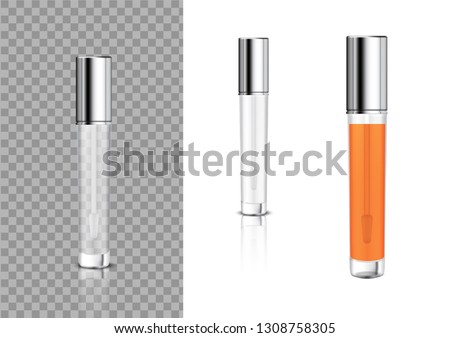 Mock up Realistic Transparent Bottle Cosmetic Lip Gloss Balm,Concealer, Oil for Skincare Product Packaging With Metallic Cap Background Illustration