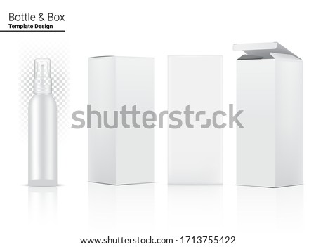 Glossy Transparent Spray Bottle Mock up Realistic Cosmetic and 3 Dimensional Box for Whitening Skincare and Aging anti-wrinkle merchandise on White Background Illustration. Health Care and Medical.