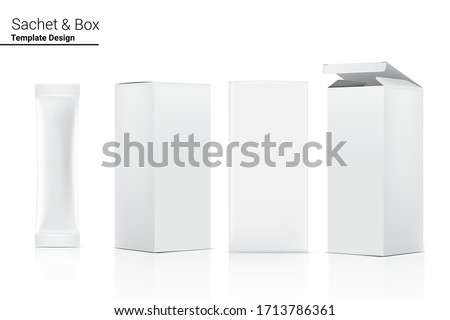 3D Glossy Stick sachet with paper box mockup isolated on white background. Vector illustration. Food and beverage Packaging concept design.