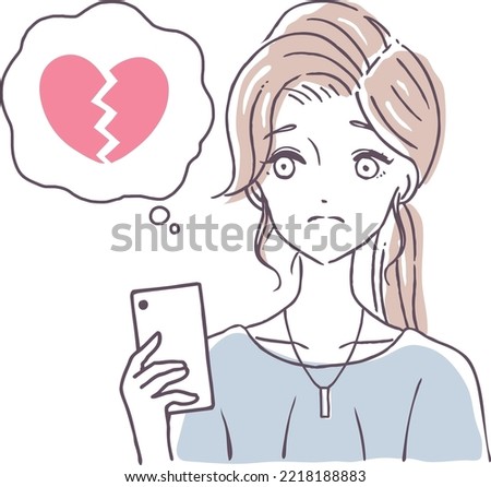 Illustration material of a woman holding a smartphone and having a broken heart, no pulse, love, internet, dating app, email