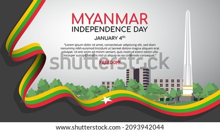 Myanmar independence day background with independence monument and ribbon flag