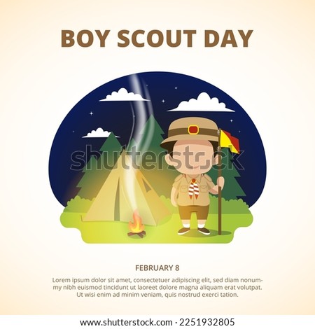 Boy scout day background with a scout boy in night summer camp