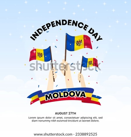 Square Moldova Independence Day background with waving flags and confetti