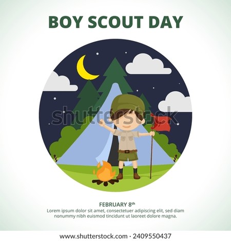 Square Boy Scout Day background with a scout doing camping