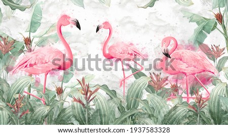 flamingos in tropical plants on a textured background in light colors in a watercolor style