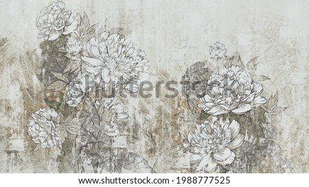 vintage peonies on a textured background in the interior of any room, style, composition, drawing