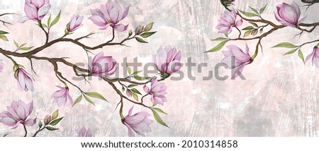 magnolia branches in pastel colors, photo wallpaper in the room and any interior. Design of photo wallpaper, postcard, wallpaper, photo wallpaper.