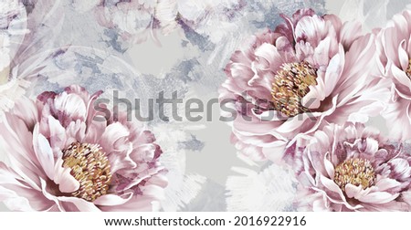 drawn art peonies on a textured wall with imitation of scuffs. Photo wallpaper in a room or interior of a house. For printing on a label poster of a postcard
