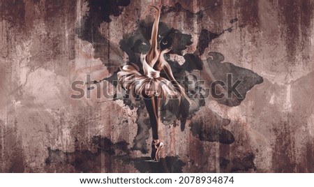 ballerina in a watercolor style on a textural background, on a textural background watercolor stains with elements of shade, art-drawn ballerina in a pastel style, wall murals in the room