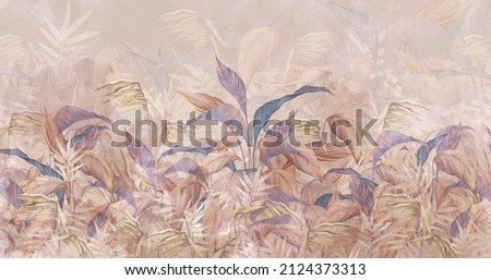 tropical leaves on a light beige background with textural backgrounds, photo wallpaper in the interior