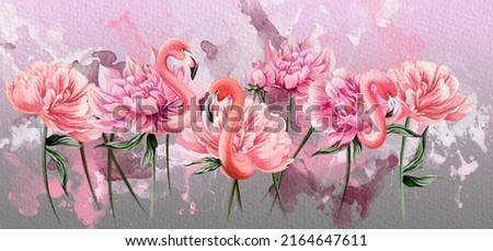 
art painted flamingo peonies with watercolor stains on textured watercolor background photo wallpaper
