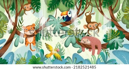 
funny cute animals having fun on the branches
in the tropics art drawing children's animals photo obi Stockfoto © 