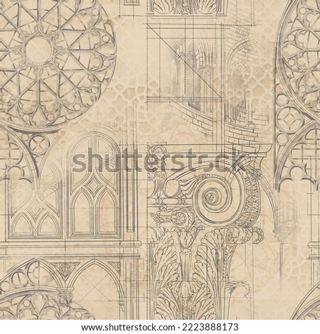 Architecture in vintage style, art drawing pattern, the picture is assembled from four sides