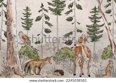 
Photo wallpaper which depicts animals walking in the forest, art drawing, image on a textured background