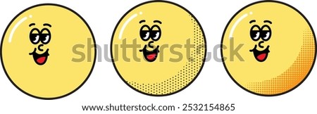 Three variations of a smiling yellow face icon in vector format, each rendered in different graphic styles. The first face features a clean, flat color fill; the second face has a stippled halftone te