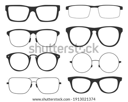 Collection of glasses. Retro glasses with black frames for man and woman, isolated on white background. Vector illustration 