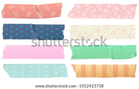 Set of Washi adhesive tapes for decorations, isolated on white background. Scotch tape with a pattern with colorful patterns, decorative tape. Vector illustration