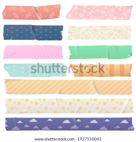 Scotch tape set with pattern Washi tape. Design elements for jewelry, adhesive tapes with colorful patterns, decorative tape. Vector illustration