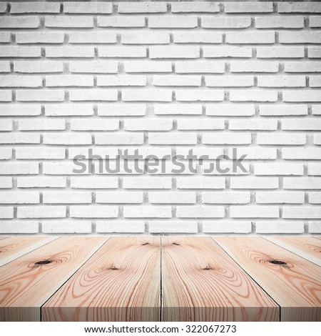 Brick wall background with wood floor, Room with brick wall and wood table
