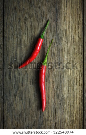 Red Hot Chili Peppers on rustic wooden background, Overhead view of chili pepper on wood background, Food photography with red hot chili peppers