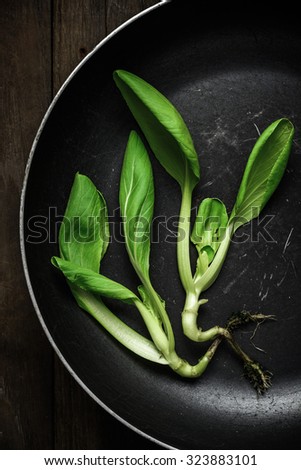 Chinese cabbage(Bok Choy) in old pan on rustic wood background, Dark mood of food photography with Chinese cabbage, Still life photography with chinese cabbage