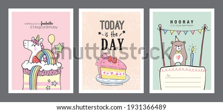 Set of lovely birthday greeting cards with cakes