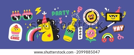 Set of birthday party funny and cute characters design. Stickers and patches vector illustration.