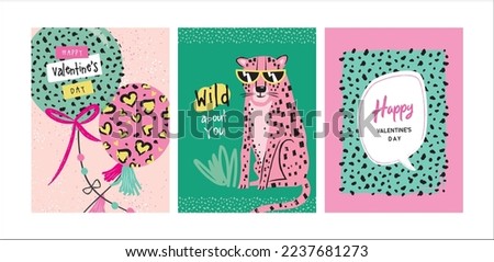 Set of trendy Valentine's Day card, cover, poster and background design with leopard and leopard's pattern texture.