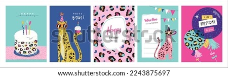 Set of birthday greeting cards with leopards, cake and balloons.