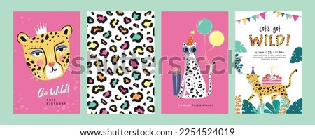 Set of birthday greeting cards with leopards, cake, balloons and leopard's pattern texture.