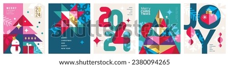 Set of Merry Christmas and Happy New Year 2024 vector illustration for greeting cards, posters, holiday covers in modern minimalist geometric style.