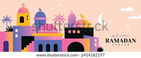 Ramadan Kareem banner, poster, greeting card, cover design with mosque, crescent moon and typography in flat geometric style.