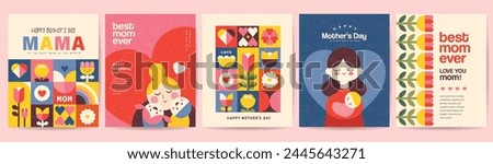 Set of Happy Mother's Day flat vector illustration in geometry style. Mom with child, flowers and abstract geometric shapes.