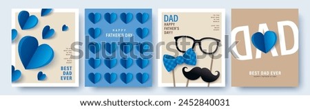 Set of 4 Father's Day greeting cards in modern paper cut style. Vector illustration for cover, poster, banner, flyer and social media.